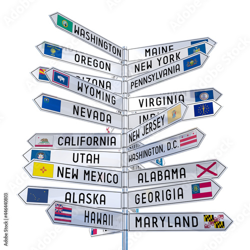 Signpost with different states in the USA, white background - 3D illustration photo