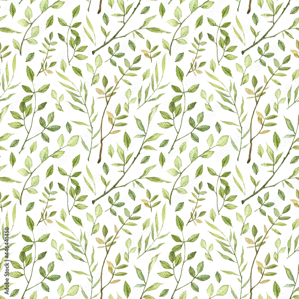 Seamless pattern with detailed realistic green plants. Floral pattern. Watercolor high quality hand painted leaves and branches isolated on white background. Botany wallpapers. Wrapping paper design