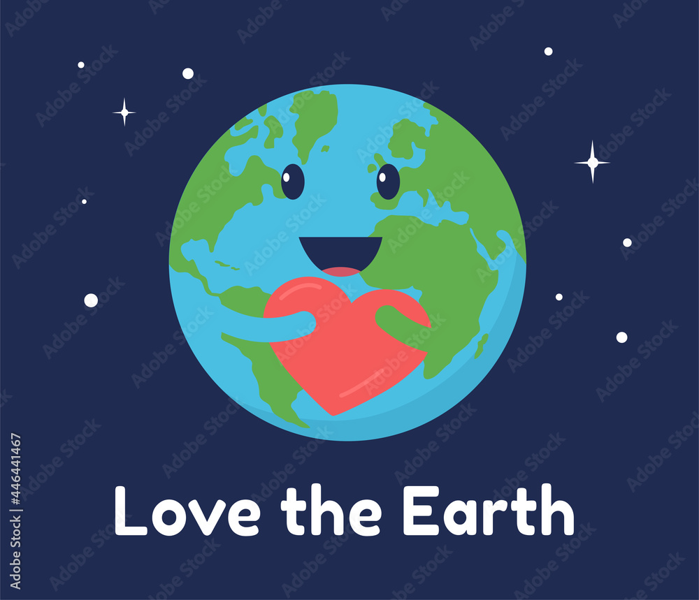 Love the Earth ecology concept illustration. Cute plant smiling and holding red heart 