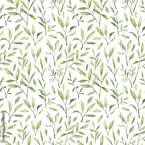 Fototapeta Naklejka Na Ścianę i Meble -  Seamless floral pattern with watercolor green leaves. Fabric and wallpapers design. Fresh vibrant green leaves isolated on white background. Floral template
