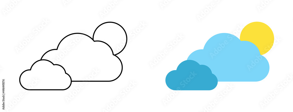 Set with different weather icons. Icons of moon and cloud on a white background. Cloud vector logo. Linear and color icons. Set with different weather icons. Icons of moon and cloud on a white background. Cloud vector logo. Linear and color icons.