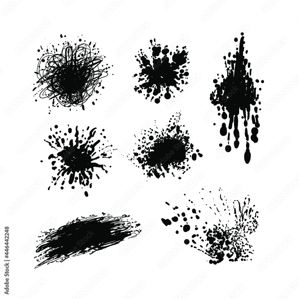 Vector set of black ink splatters, paint splash isolated on white background, flat silhouettes collection, scribble lines.
Vector set of black ink splatters, paint splash isolated on white background, flat silhouettes collection, scribble lines.
