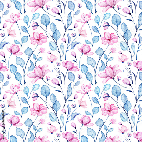 Floral seamless pattern with watercolor soft pink and purple flowers and blue turquoise leaves. Plant stem and separate leaves on white background. Floral wallpapers