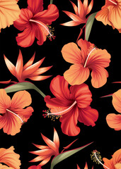 Keuken achterwand Rood Tropisch hibiscus naadloos patroon  © mamsizz