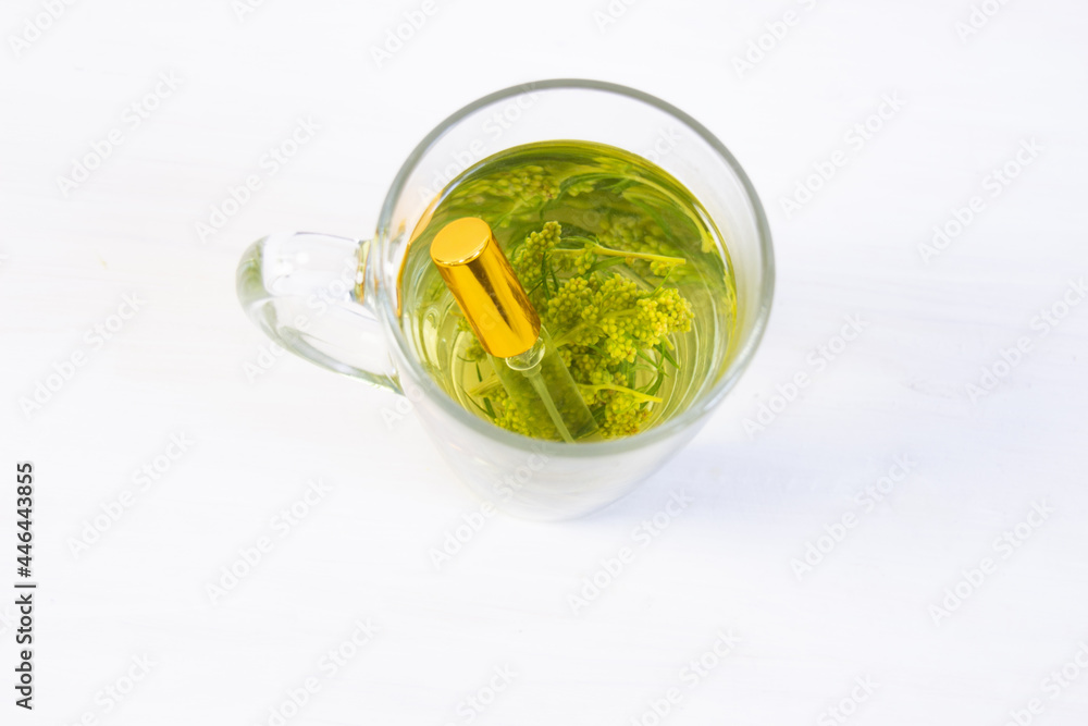 Brewed sagebrush as herbal tea in cup and wormwood essential oil in