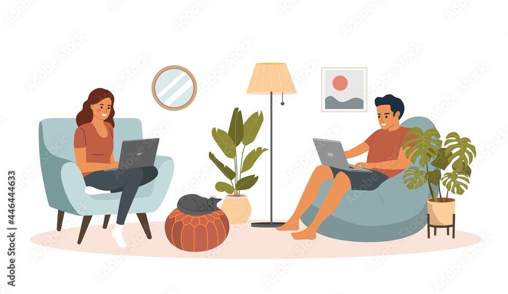 Man and woman sitting on the sofa and chair with laptops. Сat is standing next to the sofa. Vector flat illustration Man and woman sitting on the sofa and chair with laptops. Сat is standing next to the sofa. Vector flat illustration
