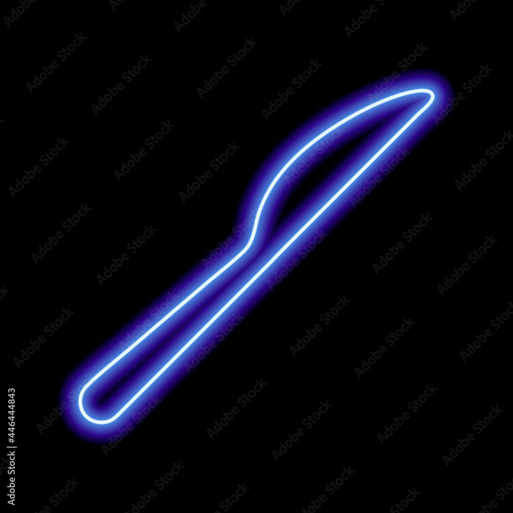 Blue neon outline of a table knife on a black background Blue neon outline of a table knife on a black background