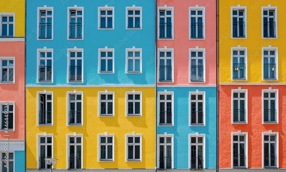 colorful building facade, multi-colored apartment house facade 
