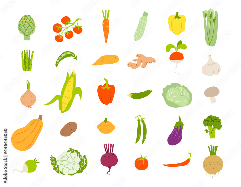Cartoon set of vegetables isolated. Vector stock illustration of different healthy vegetables. Edible plants in a flat style on a white background. Cartoon set of vegetables isolated. Vector stock illustration of different healthy vegetables. Edible plants in a flat style on a white background.