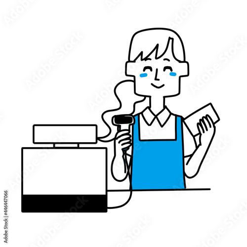レジ打ちをする女性店員のイラスト