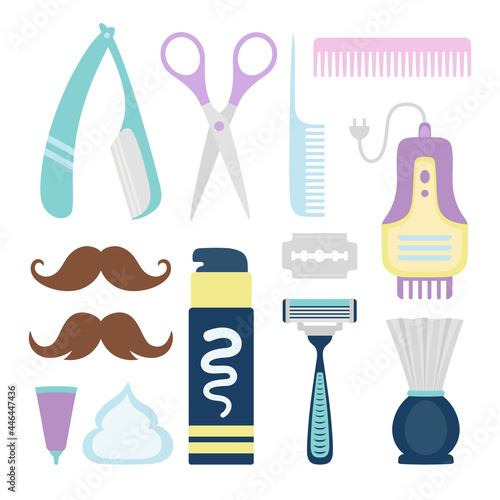 set of tools barber for care hair and mustache in male