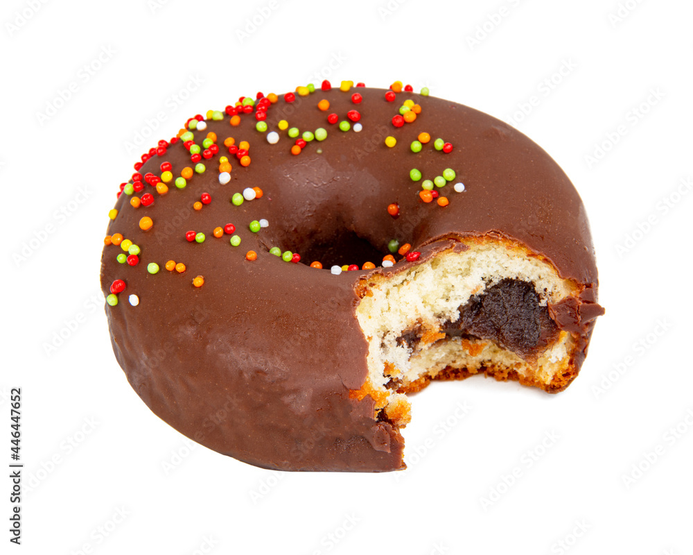 Chocolate glazed donut eaten isolated on the white background Chocolate glazed donut eaten isolated on the white background