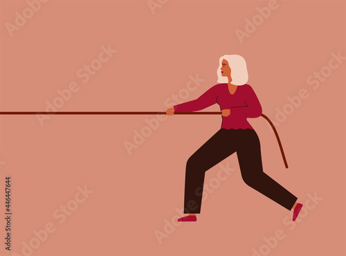Strong woman tugs-of-war to herself. Girl pulls the rope with strength. Feminism and female empowerment movement concept. Vector illustration