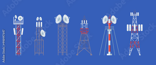 Communication towers set. Radio wireless masts and telecommunication towers, radio tv antenna. Communication satellite antenna, wireless television broadcast isolated