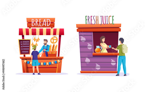 Street food kiosk marketplace. Outdoor trade local market with fruits, fresh juice, bakery. Ready takeaway meal cafe kiosks.