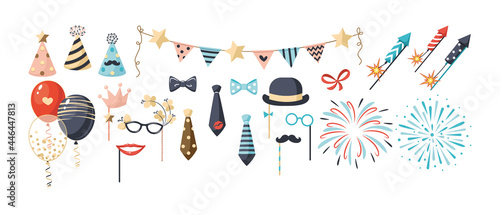 Set of birthday party decoration. Festive kit happy anniversary day rocket fireworks, balloons, gifts, flags, gifts, carnival masks, sweet cake for celebrating holiday