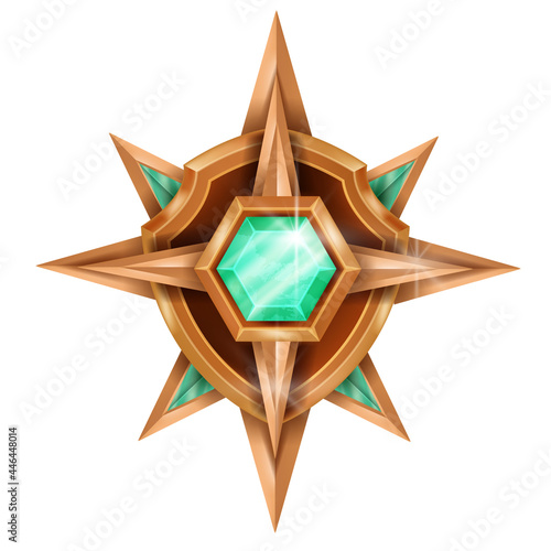Gold winner game badge icon, vector rank bronze medal, level up award trophy, green crystal on white. Star achievement reward illustration, champion congratulation royal treasure. Shield game badge