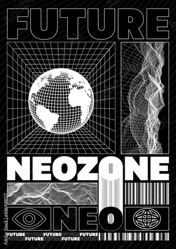 Abstract future poster. Acid graphic style, rave, mesh, text design, planet earth, isolated on black background.
