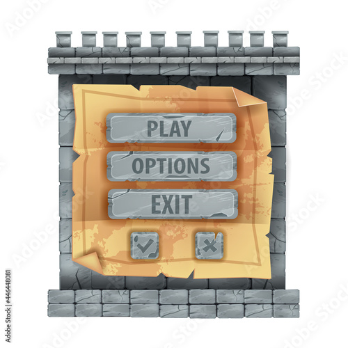 Stone castle game interface menu sign board, cracked rock button, gray brick wall panel isolated on white. Old parchment paper sheet, UI screen design element. Stone interface rectangle tile