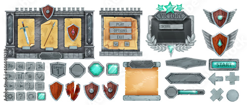 Stone game UI vector set, RPG rock button, interface award frame kit, gray boulder sign board menu. Medieval wooden shield, winner badge, bar, arrow, shop window panel. Stone game asset on white