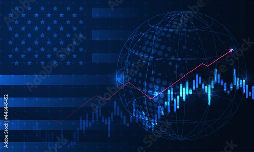 Growing chart against the background of the USA America flag candlestick graph Stock market exchange and graph chart business finance money investment on display board. vector design