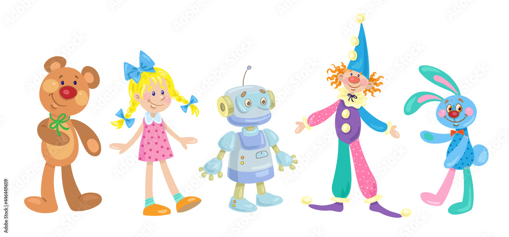 Kids toys. A funny clown, beautiful doll, teddy bear, cute rabbit and sad robot. In cartoon style. Isolated on white background. Vector illustration