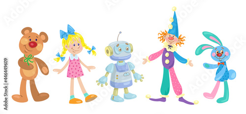 Kids toys. A funny clown, beautiful doll, teddy bear, cute rabbit and sad robot. In cartoon style. Isolated on white background. Vector illustration