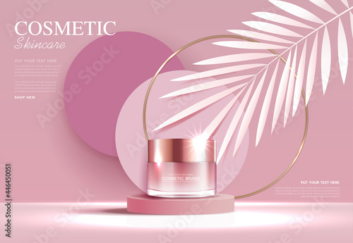 Cosmetics or skin care product ads with bottle, banner ad for beauty products , pink and leaf background glittering light effect. vector design