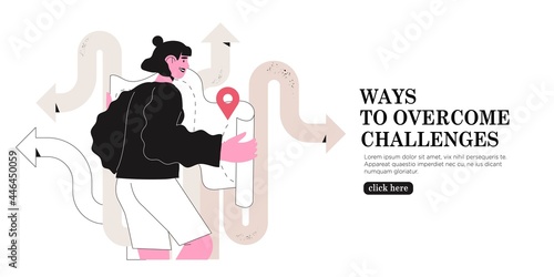 Woman read map and choose which way to go or direction to take. Concept of challenge, right decision making, life and career crossroads, effective business solution. Female character with gps pin.