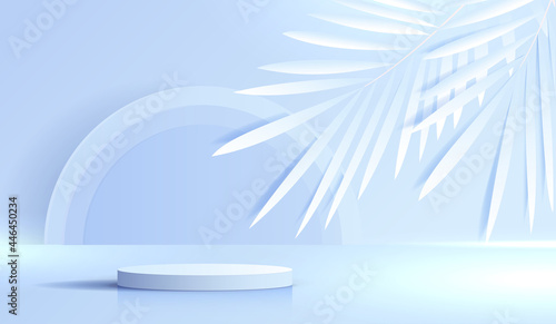 Cosmetic blue background and premium podium display for product presentation branding and packaging . studio stage with shadow of leaf background. vector design
