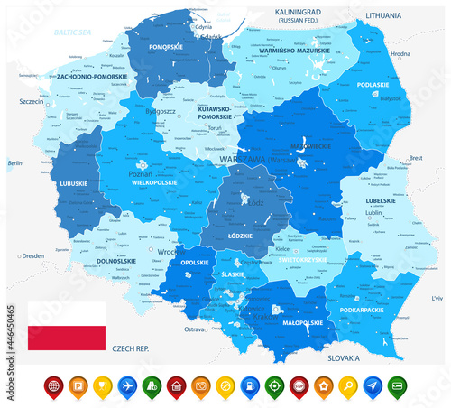 Poland Administrative Map Blue Colors and Colored Map Icons