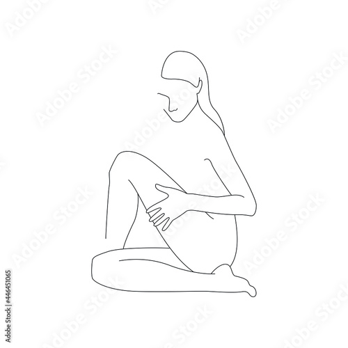 Vector thin line minimalistic illustration of woman. Body care drawing isolated on a white background.	