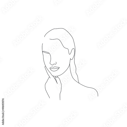 Vector thin line minimalistic illustration of woman. Face and body care drawing isolated on a white background.	