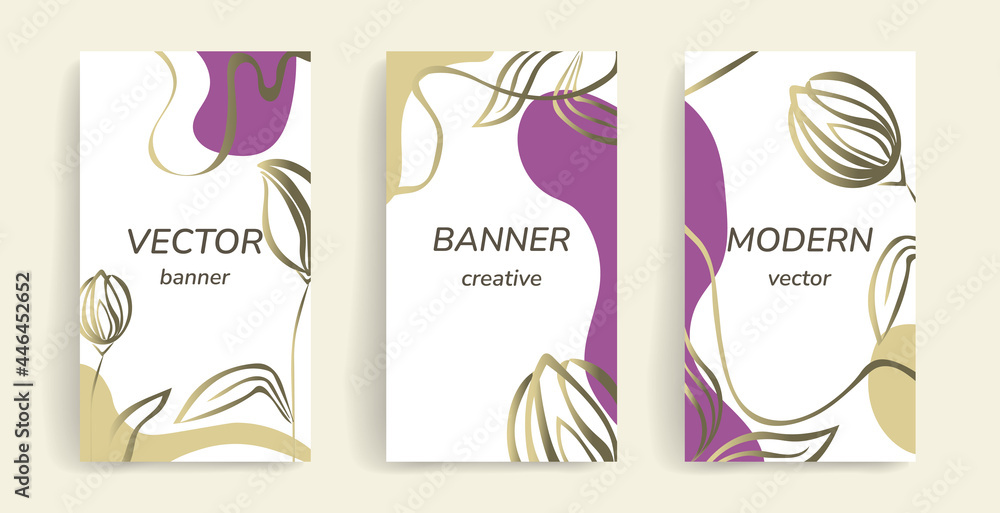 Set of packaging templates with golden flowers for luxury goods. Flyer, card cover design template for hotel, beauty salon, spa, restaurant. Vector illustration in modern style with space for text