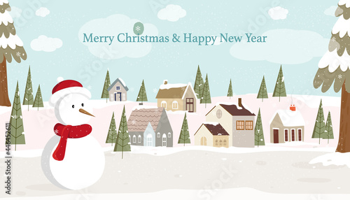 Cute Christmas greeting card of winter wonderland landscape in village,Vector illustration background Panorama small town in countryside landscape in village farm house pine tree and snow man.