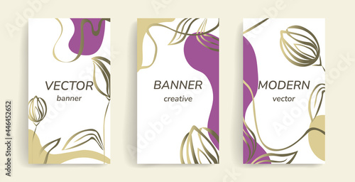 Set of packaging templates with golden flowers for luxury goods. Flyer, card cover design template for hotel, beauty salon, spa, restaurant. Vector illustration in modern style with space for text