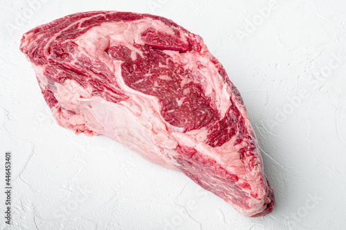Raw fresh meat Ribeye steak entrecote of Black Angus Prime meat, on white stone background