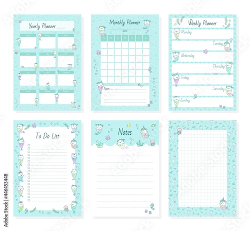 Set of cute planner page templates. Kawaii yearly, monthly, weekly and daily organizers with little mermaid kittens and sea creatures. Vector 10 ESP.