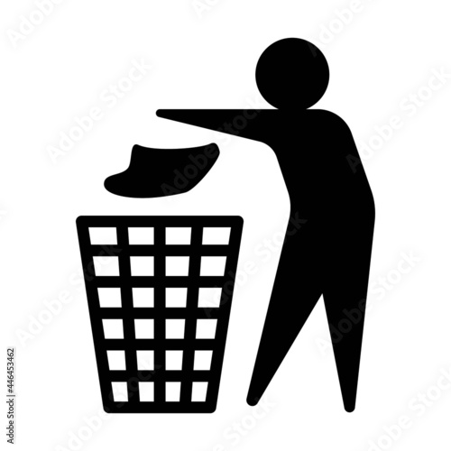 Tidy man vector icon. Pictogram illustration of a stick person putting a piece of paper in a trash can. Ecological consciousness concept