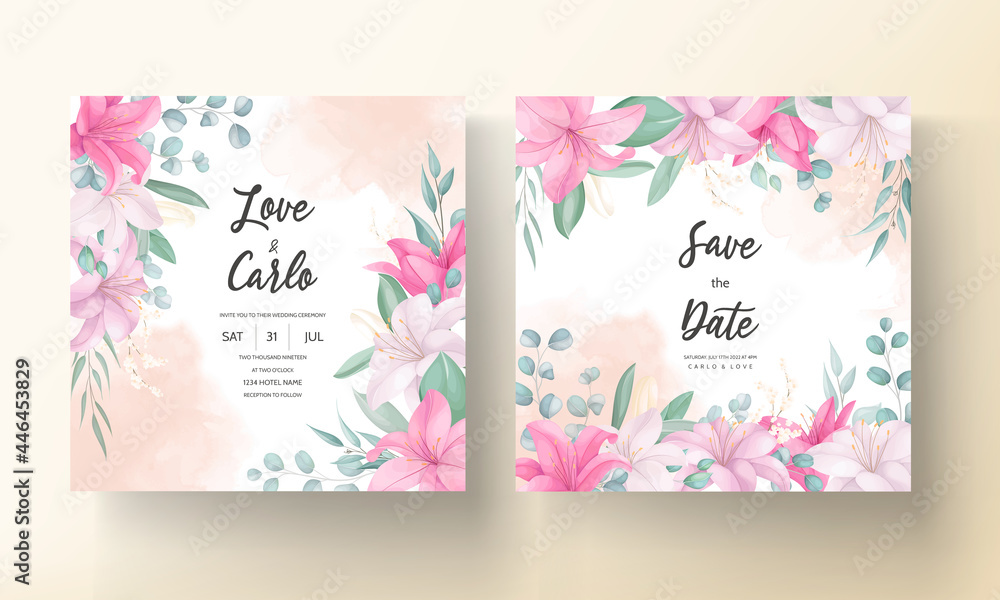 Romantic wedding invitation card with beautiful lily floral and leaves