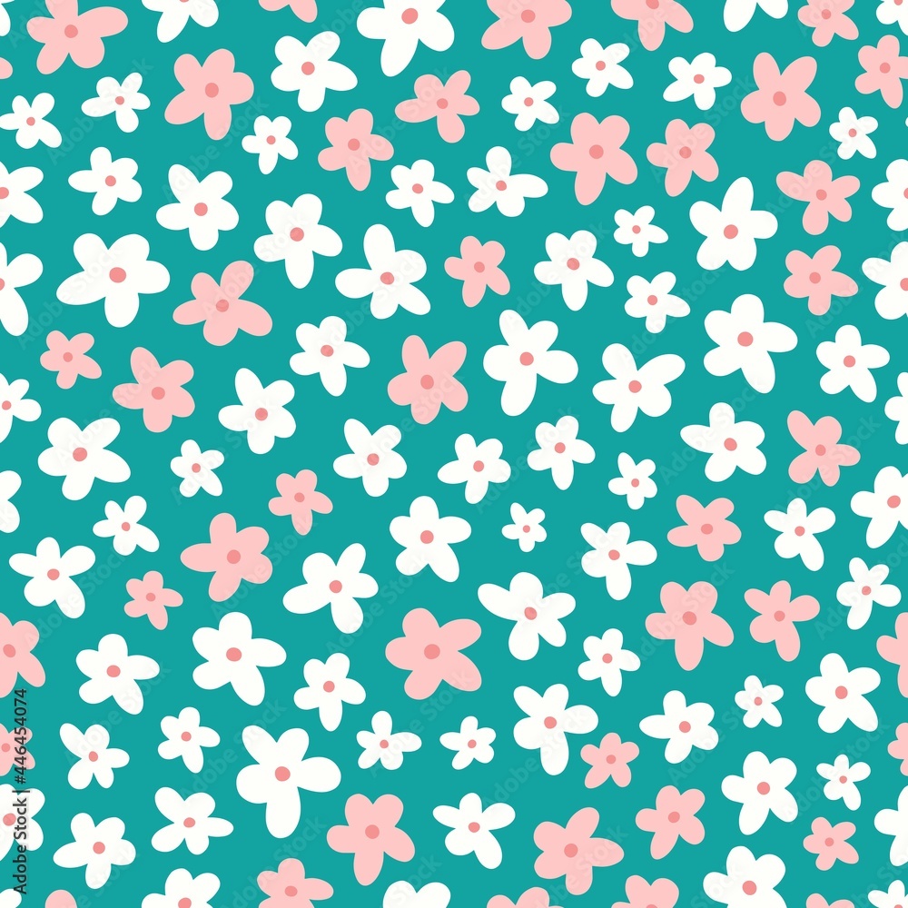 Tiny cute flowers, seamless vector pattern with pink and white flowers on green. 