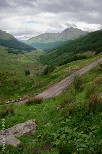 From Rest-and-be-Thankful looking south east down Glen Croe with Crow Water in the trough of the valley.