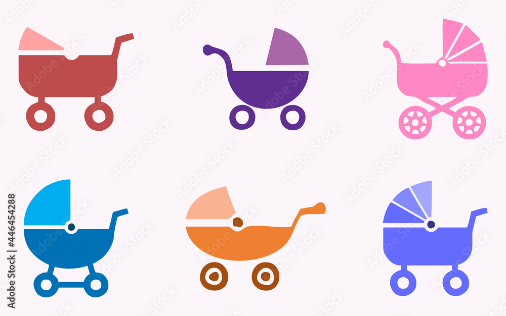 Baby carriage stroll icon set. Flat colorful set of baby carriages for promotion and advertisement