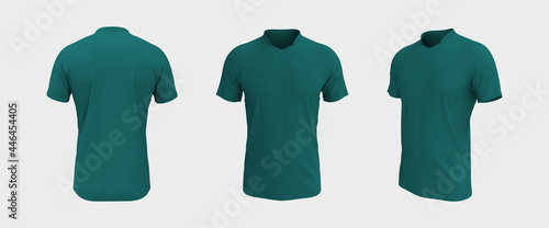 men's soccer t-shirt mockup in front, side and back views, design presentation for print, 3d illustration, 3d rendering.