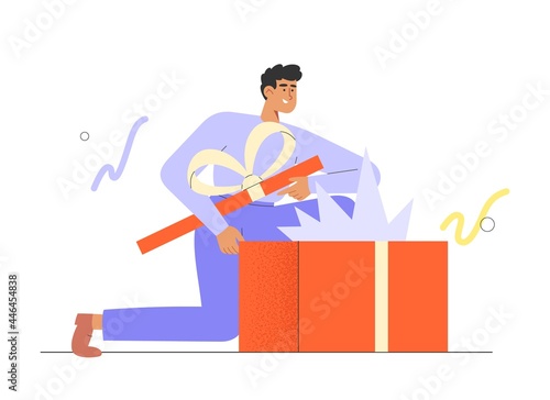 Flat vector illustration with male character opening a holiday surprise gift. Concept of a birthday party, holiday or Christmas celebration.