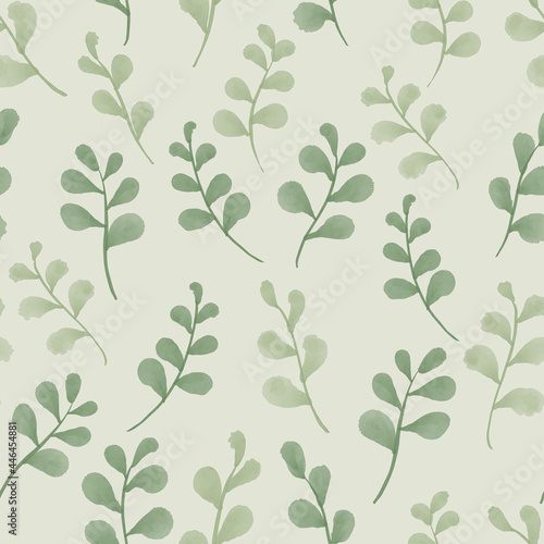 seamless floral green leaves pattern by watercolor painting in pastel green tone isolated on white background.