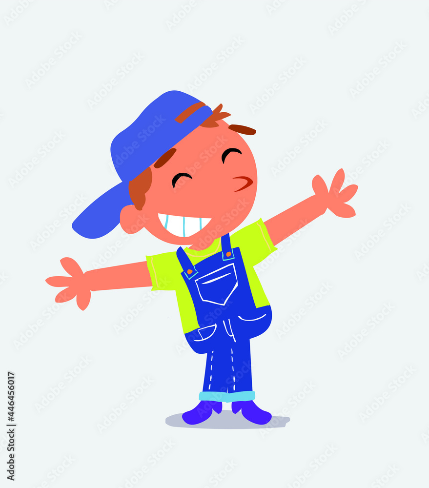  cartoon character of little boy on jeans opening arms very happy.