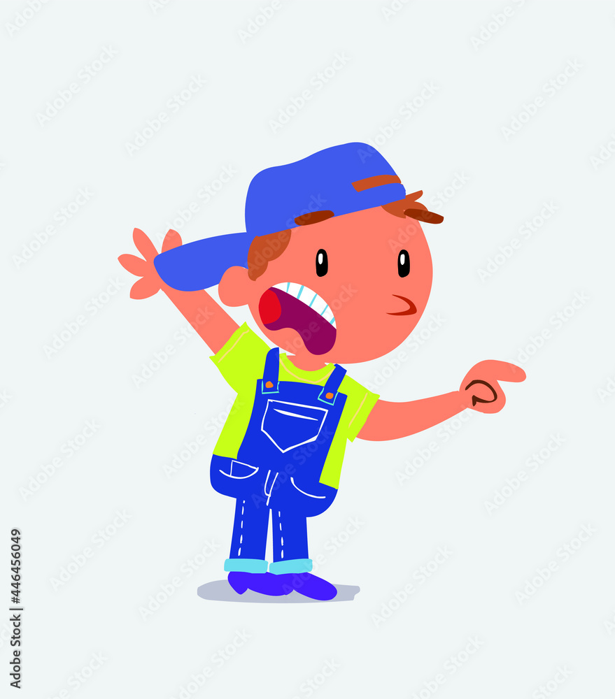  cartoon character of little boy on jeans pointing at something outraged.