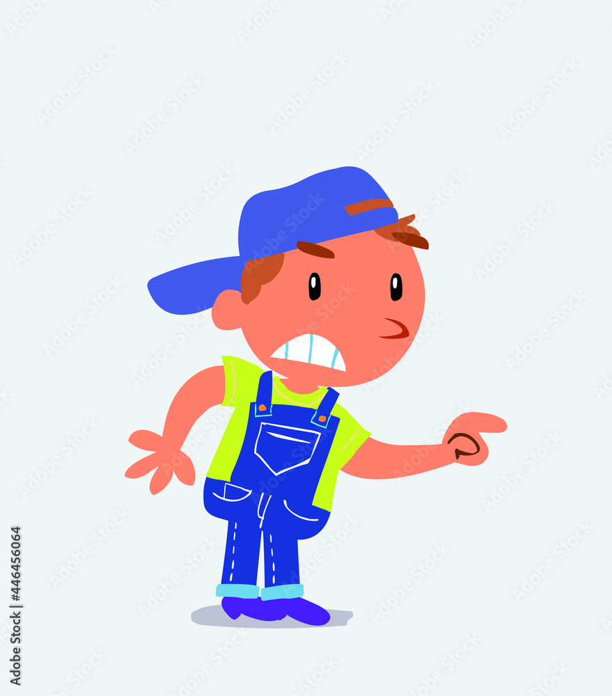 cartoon character of little boy on jeans pointing something aggressively. cartoon character of little boy on jeans pointing something aggressively.