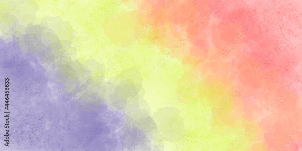 Grunge watercolor background of three colors: pale yellow, pale pink, pale purple. Abstract illustration of pastel-colored spots